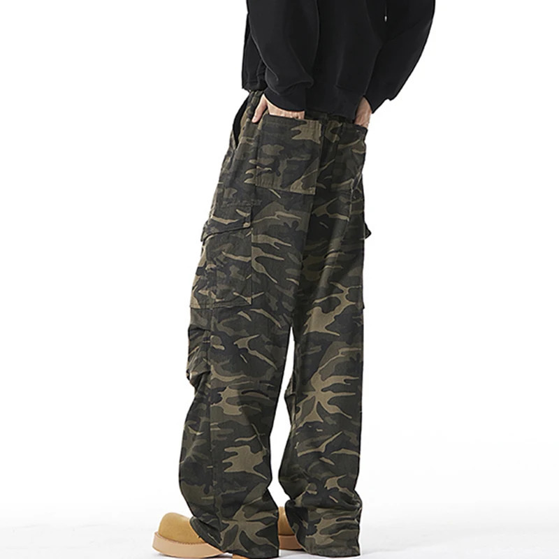 Mens Baggy camouflage open top cargo jeans mens classic straight casual denim pants American style street hip-hop denim troops 250402