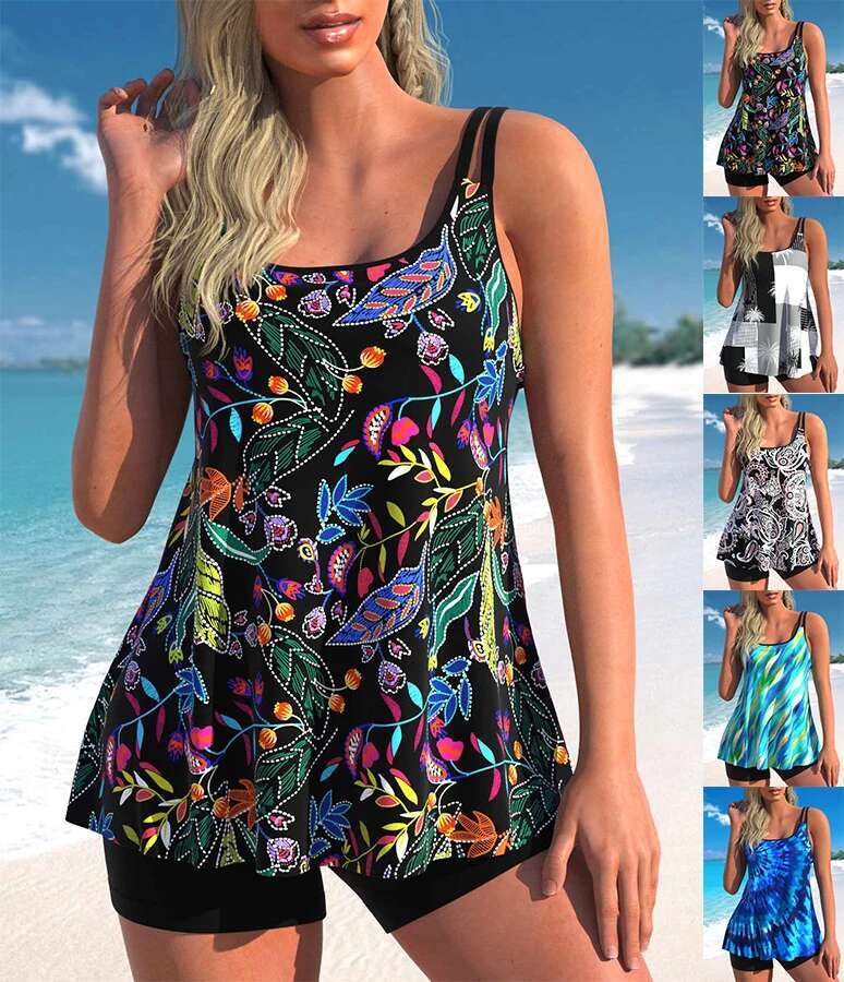 Summer New Women s Bikini Two Piece Swimwear Colorful Leaf Print Lace Up Beach Dress S XL