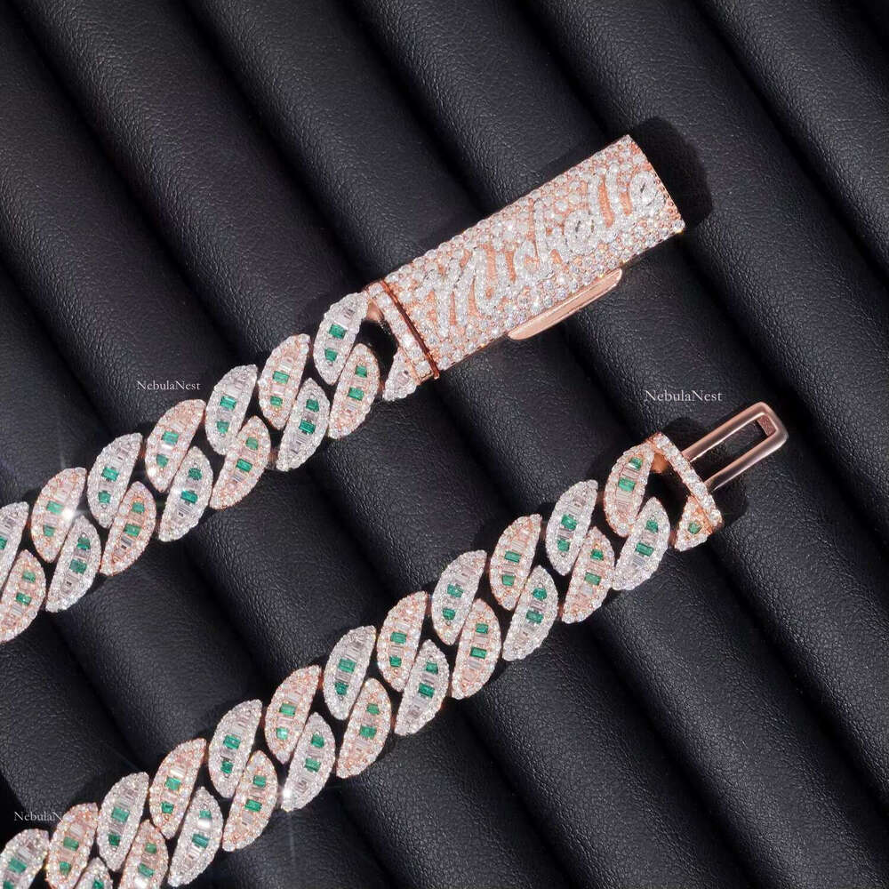 16mm Width Iced Out Sier Baguette Cut Color Mix White Moissanite Dia Miami Cuban k Chain