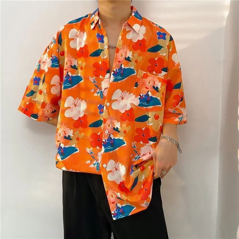 Summer mens Hawaiian shirt 3D floral print casual loose beach shirt short sleeved Tiki shirt mens 250403