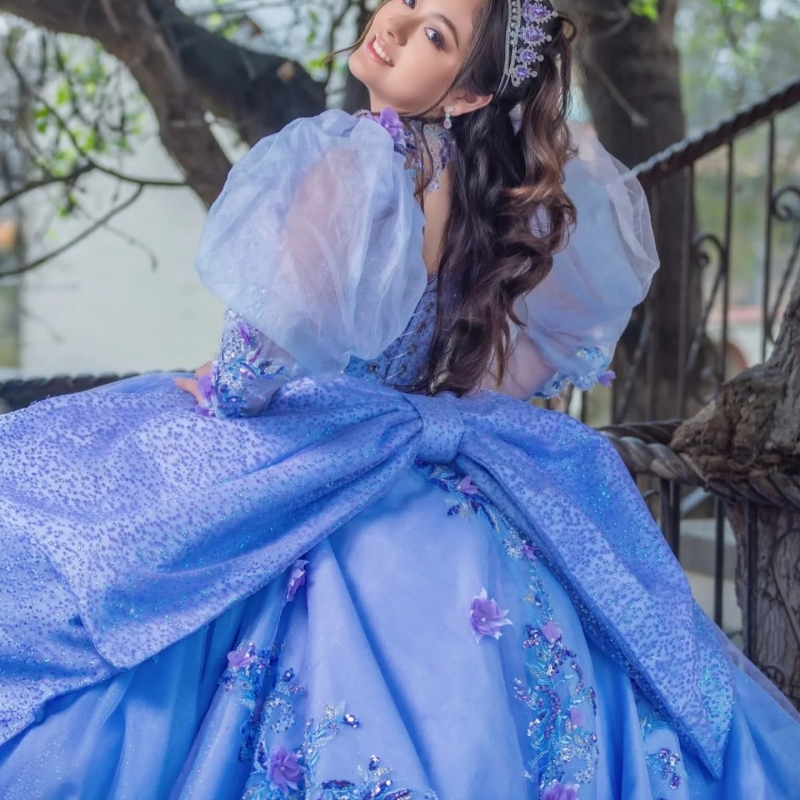 Blue Shiny Quinceanera Dresses Off The Shoulder Applique Lace Beading Crystal Tull Puff Sleeve Party Birthday Sweet 16 Dress Vestidos 15 Anos