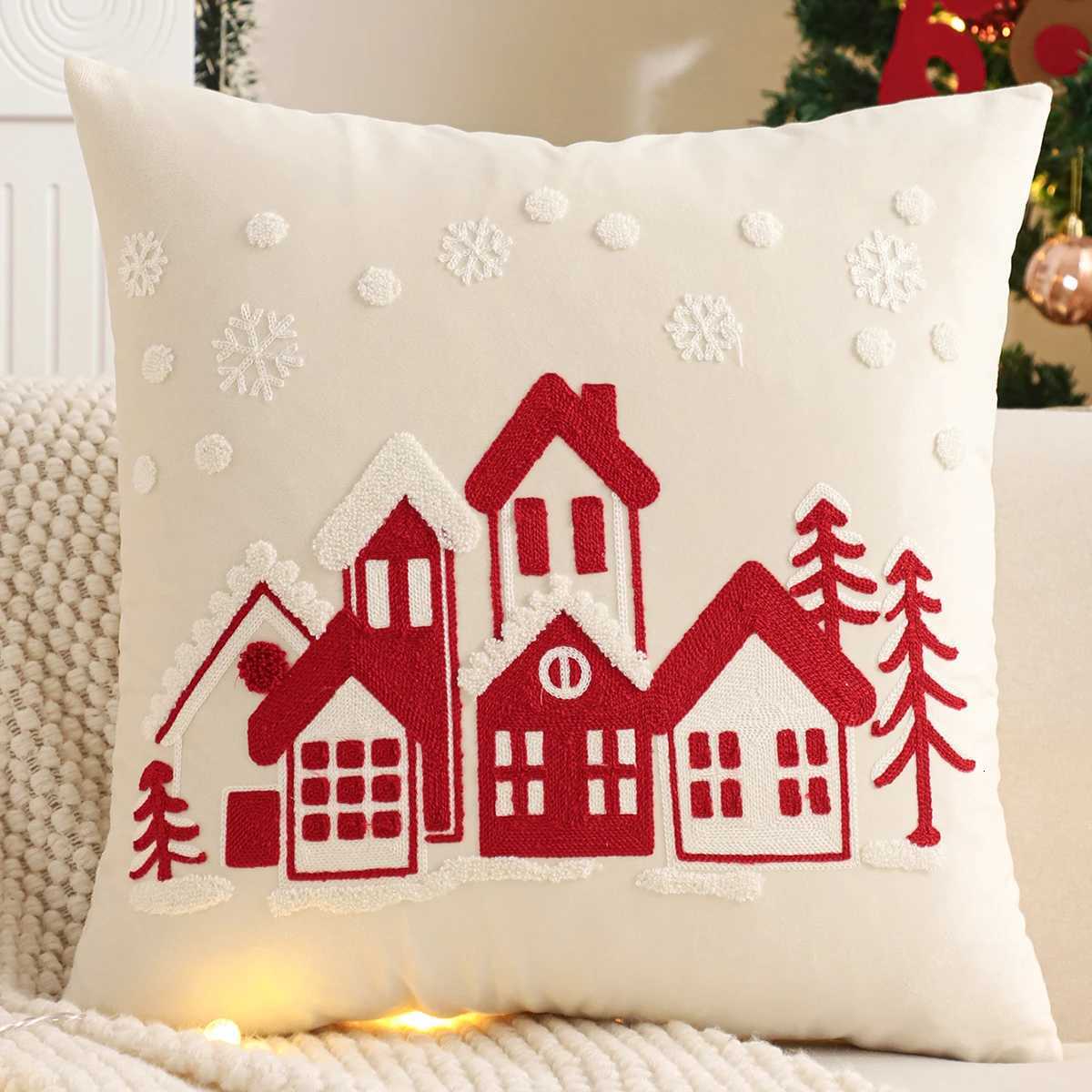 Embroidery Throw Pillow Cover Christmas Decoration Velvet Soft Santa Claus Flowers Winter Farmhouse Home Sofa Living Room Y251105