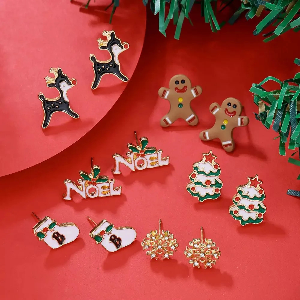 6 Pairsset Christmas Series Earring Bells Milu Deer Snowflake Santa Claus Ear Trinket Festival Gift Atmosphere Joias 251104
