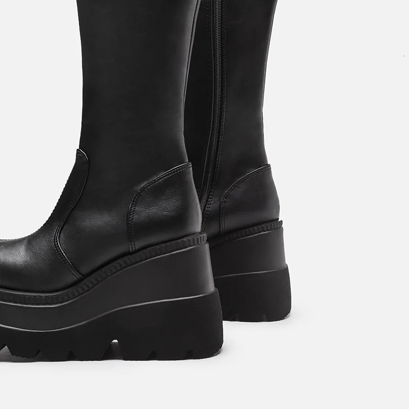 Women Knee High Boots Womens Zip Leather Buckle High Boots Woman Low Heels Ladies Buckle Belt Female Shoes Gothic Shoes 251105