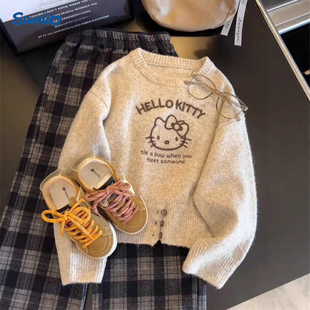 Sanrio Girls Sweater Autumn 2025 New Korean Style Hello Kitty Knitted Sweater Autumn Childrens Knitwear Coat Top H251105