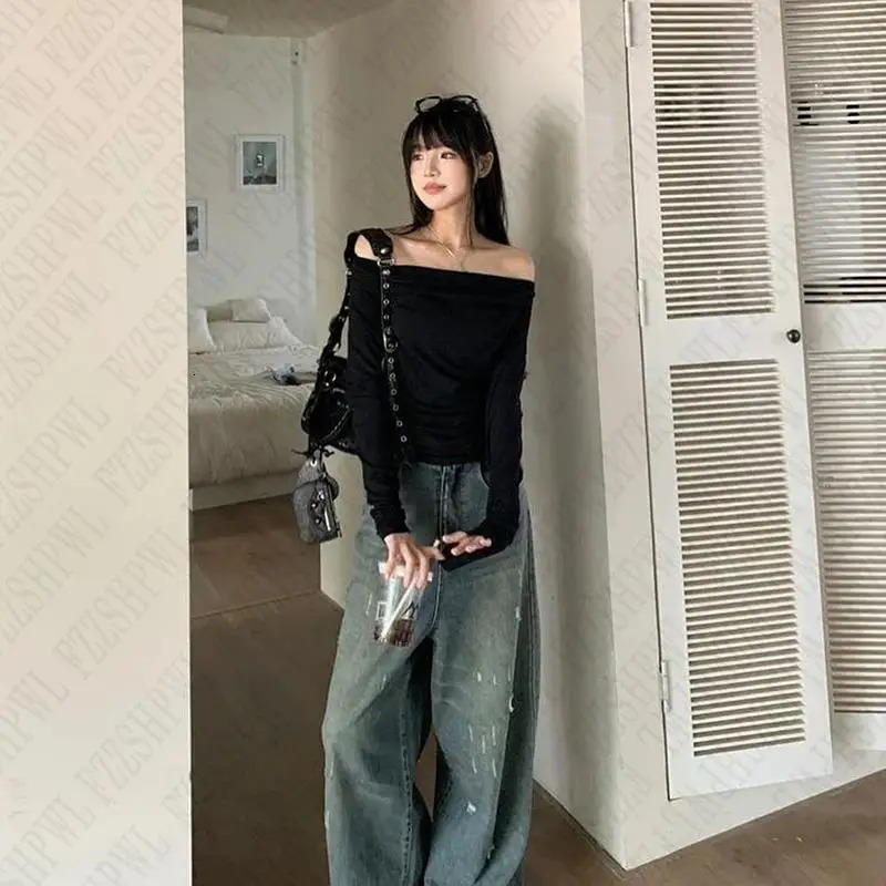 Sexy punk Y2k long sleeved crop single shoulder Harajuku Grunge Goth Pullover Streetwear hip-hop T-shirt retro fashion top EMO 250403
