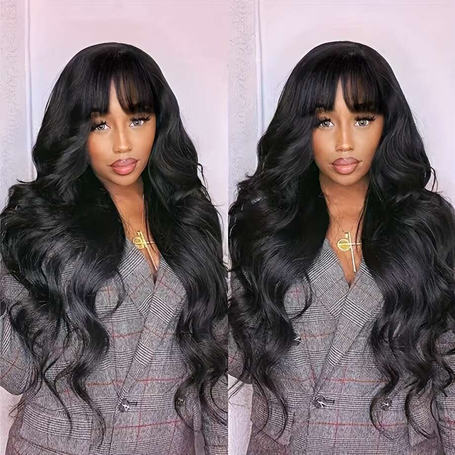 200% Density Brazilian With Bangs Long And True Length Human Hair #1B Glueless Body Wavy Full Hine Made Scalp Top Wig No Lace Front Wigs For Women Nat