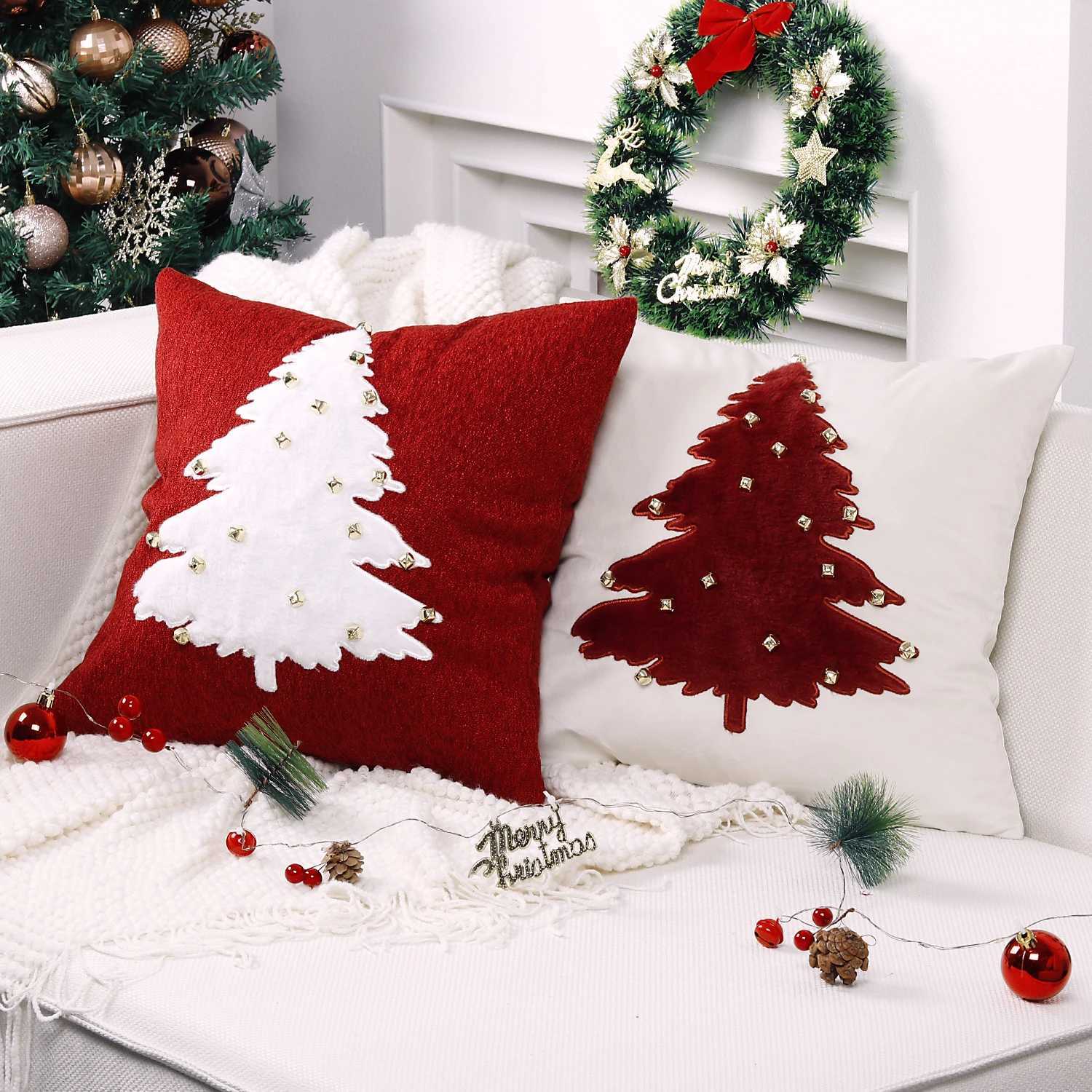 1pc Christmas tree Embroidery Throw Pillow Cover Golden Bells Decorative 18x18 Pillowcase Home Xmas Gold Decorative Cushion C Y251105