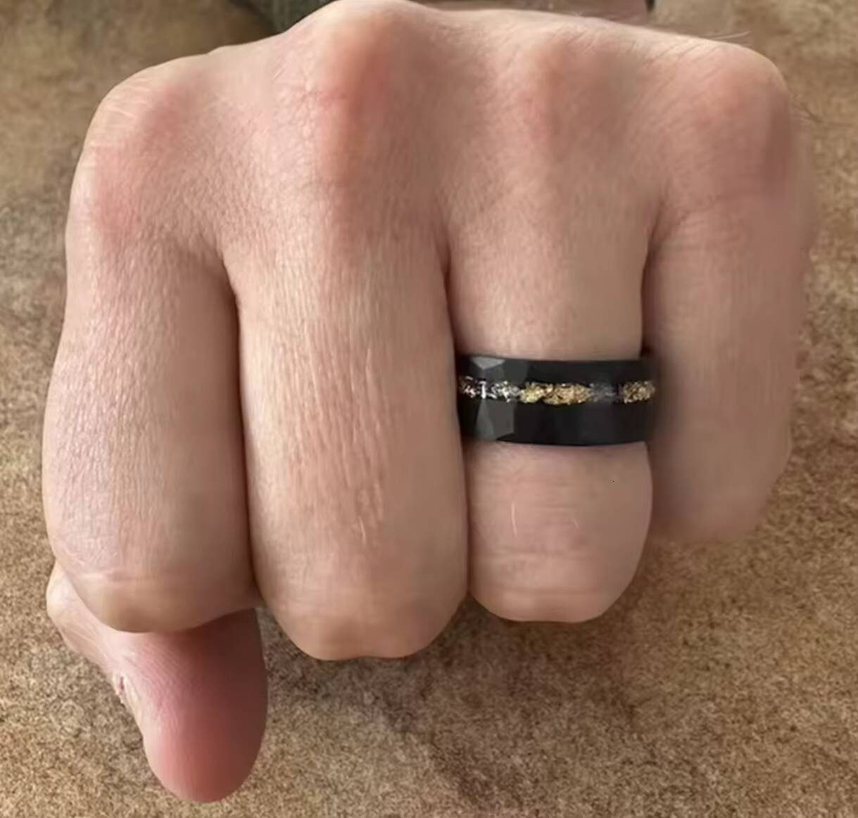 8mm 6mm Meteorite and Gold Leaf Inlay Ring Black Hammered Solid Tungsten Wedding Mens Band Ring Tungsten Wedding Ring Sets