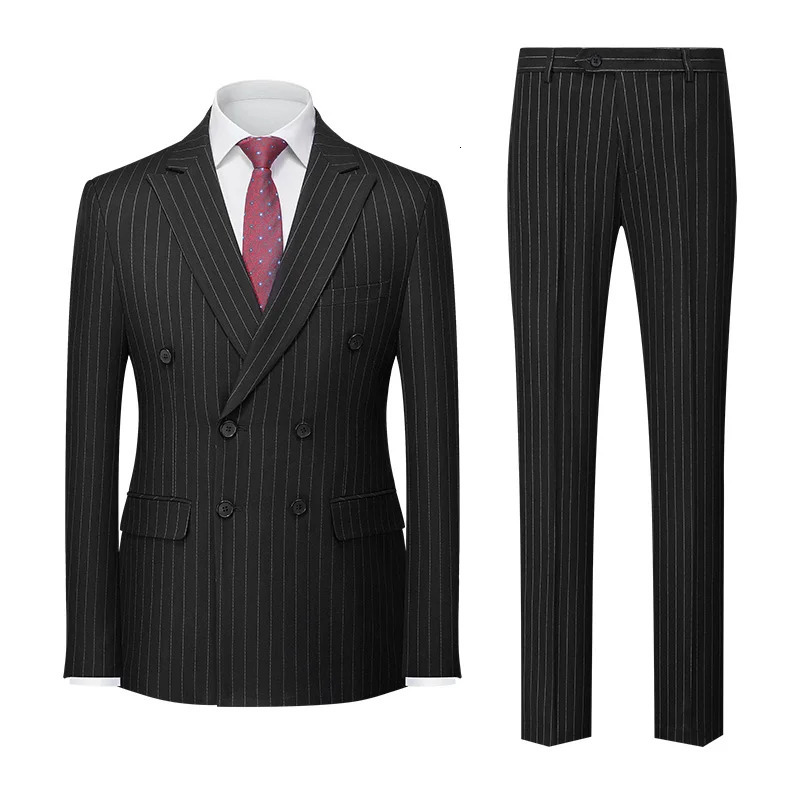 Blue Pinstripe Mens Doublebreasted Suit Twopiece WeddingPartyBusiness Dress Jacket and Pants Red Gray Male Sets M4XL 5XL 251105