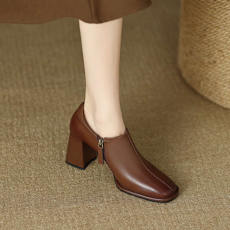 2023 Spring New Square Headed Casual Soft Leather Single Thick Zipper Deep Mouth High Heel Women's Shoes
