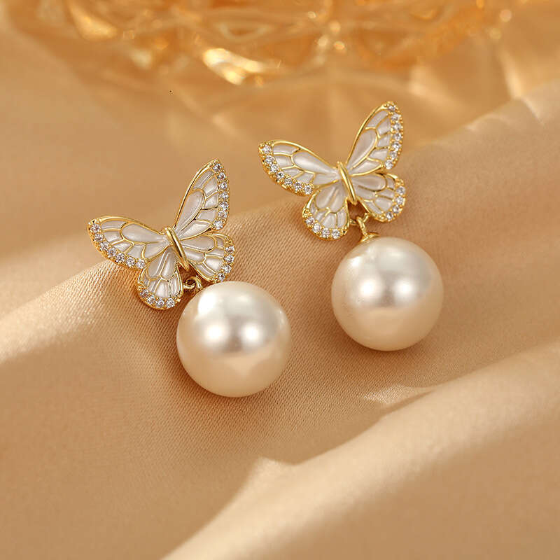 New White Butterfly Zircon Pearl Gentle Sweet Ins Style 925 Silver Needle Fashionable Elegant Stud Earrings