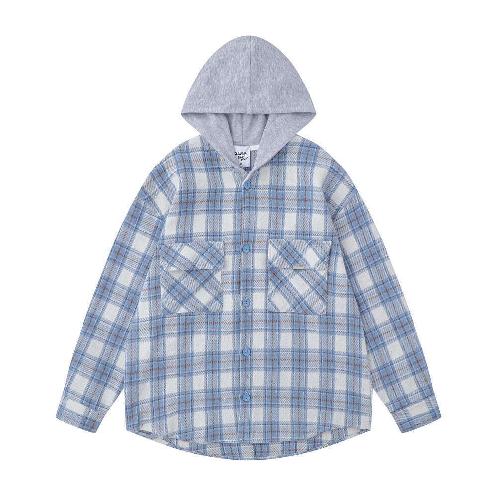 American Retro Loose Plaid Trendy Brand Men's Spring and Autumn Checkered Long Sleeve Color Block Hooded Shirt Jacket