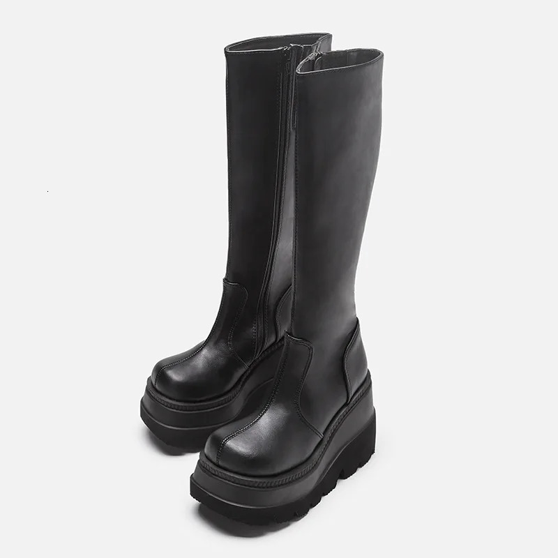 Women Knee High Boots Womens Zip Leather Buckle High Boots Woman Low Heels Ladies Buckle Belt Female Shoes Gothic Shoes 251105
