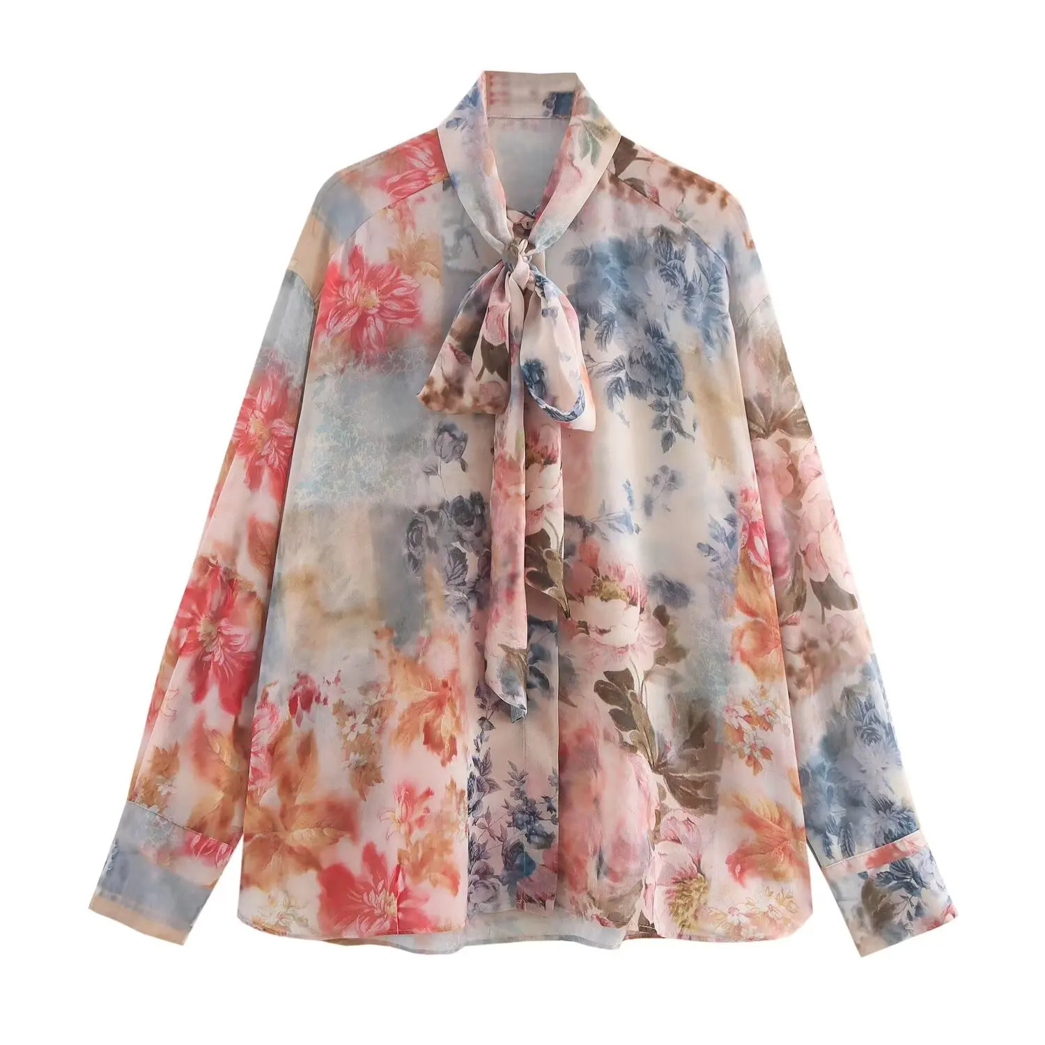autumn womens clothing European and American style bow decoration floral print loose casual shirt 250402