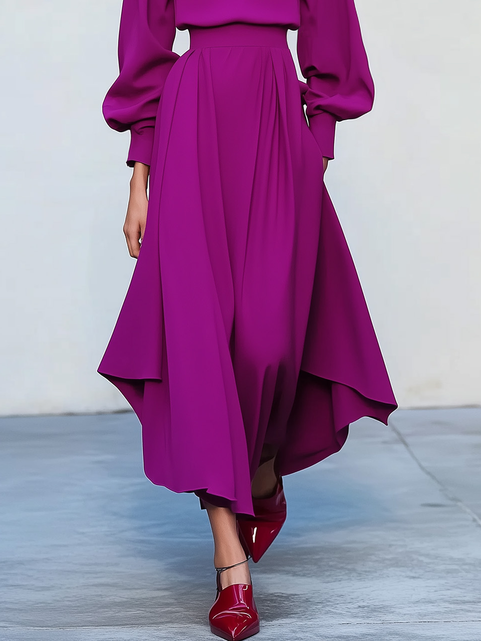 Women's Boat Neck Puff Sleeve Midi Dress, Elegant High-Waist Asymmetric Hem Dress for Formal & Casual Events 23577