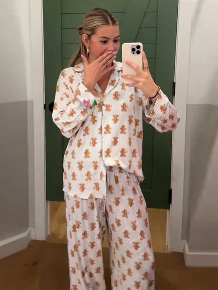 Print Pajama Skirt Pant Loose Two Piece Suit Lapel Neck Full Sve Top Empire Waist Pant Set 2025 Female Christmas Outerwear W251104