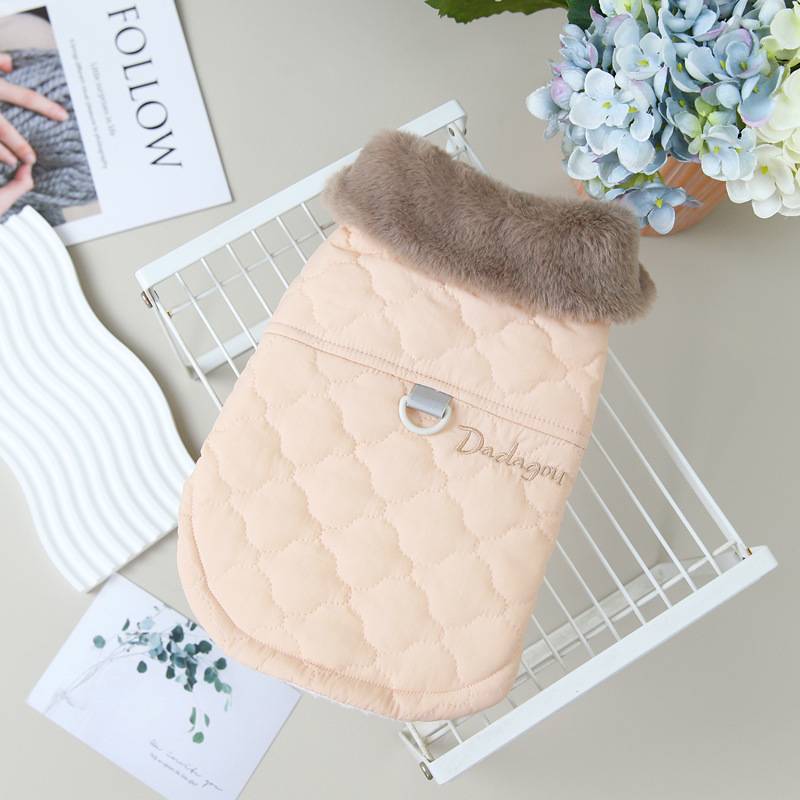 Warm Fleece Lined Dog Coat with Fur Collar & Ear Design, Quilted Pet Jacket for Small Medium Dogs, Adjustable D-Ring for Leash, Fashionable Cold-Weath