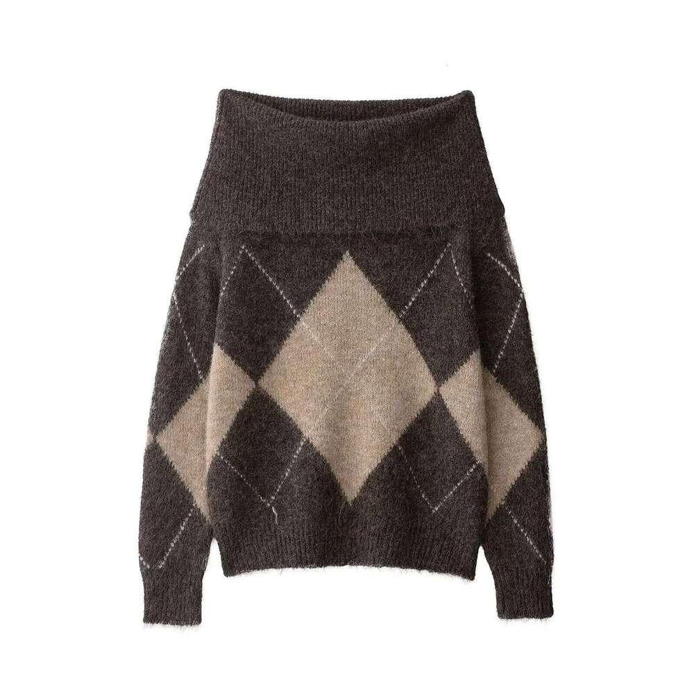 Woman's Argyle Knitted Pullover Sexy One-Shoulder Long Sleeved Slim Fit Casual Cropped Sweater Early Autumn New Female Top Women Sweater Designer