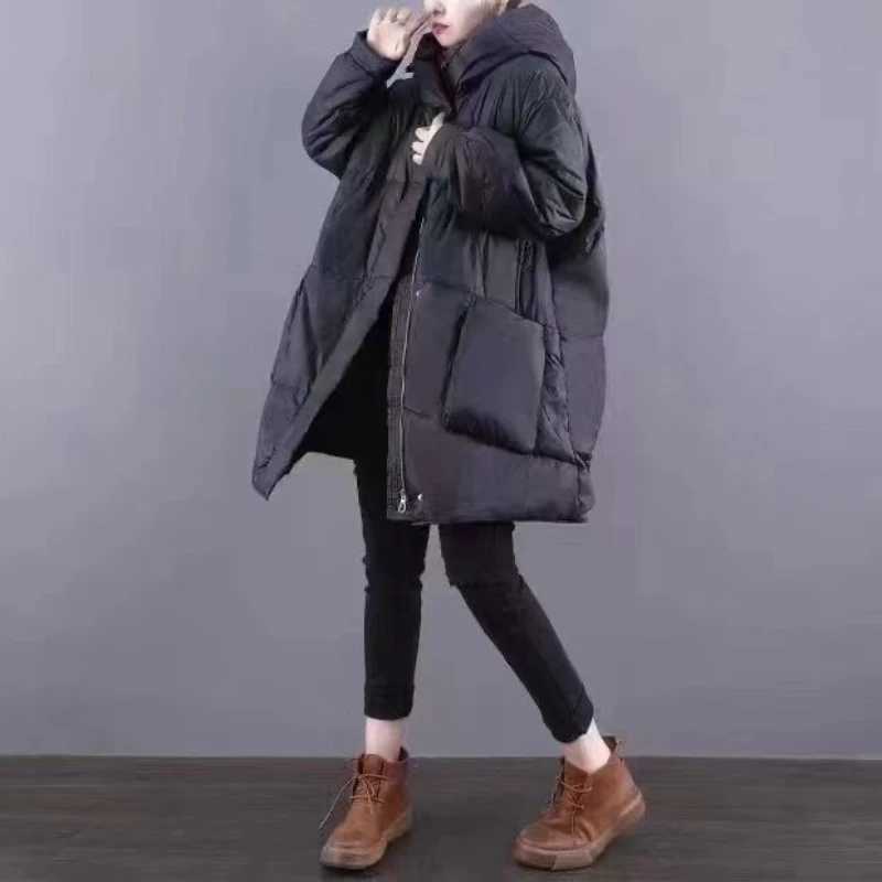 2024 New Winter Women 90 White Duck Down Jacket Casual Loose Over Size Warm Parka Female Drawstring Hooded Puffer CoatT251105