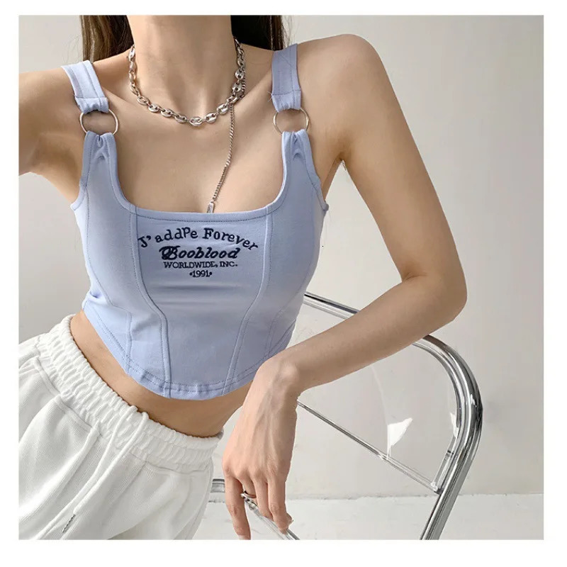 Striped bra pad sexy vest Y2K solid color short sleeved womens T-shirt vest exposed vest sleeveless exposed vest 250403
