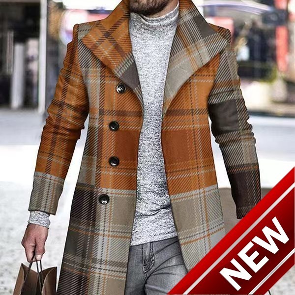 Spring new 3D digital printed mens woolen lapel plaid coat mens woolen coat mens clothing