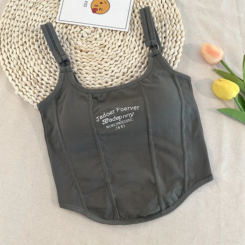 Alphabet printed crop top womens summer top sexy vest square neckline vest top Y2K non-woven womens crop top padding fashion 250403