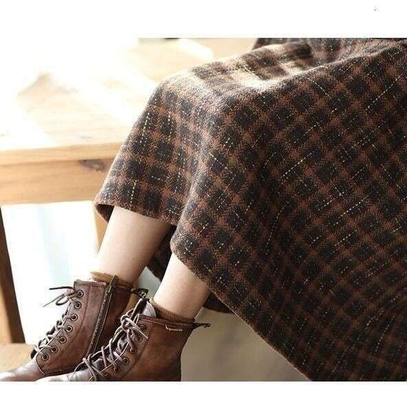 Autumn Winter Plaid Woolen A-Line Elastic Waist Midi Skirt For Women B5