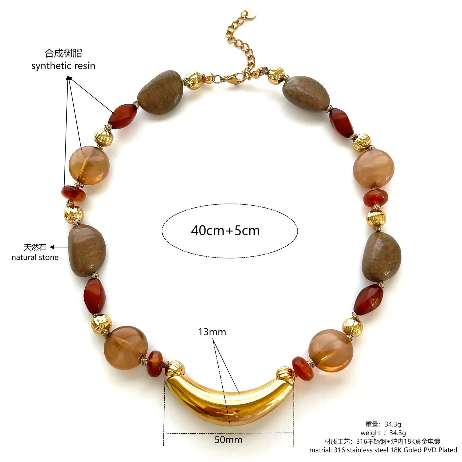 Retro Natural Agate Beaded Necklace with Stainless Steel Bull Horn Charm Waterproof Womens Handmade Jewelry 251031