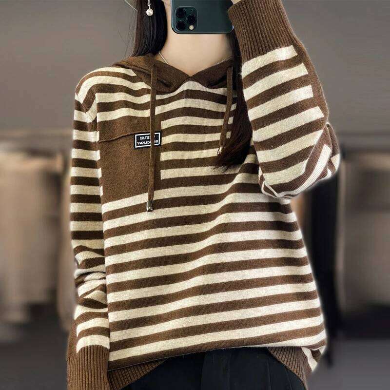 Winter Pure Wool Fashion Soft Sweater Autumn Female New Women Hooded Collar Strip Pullover Cashmere Loose Casual Knit Base Top Designer Sweater Bear S