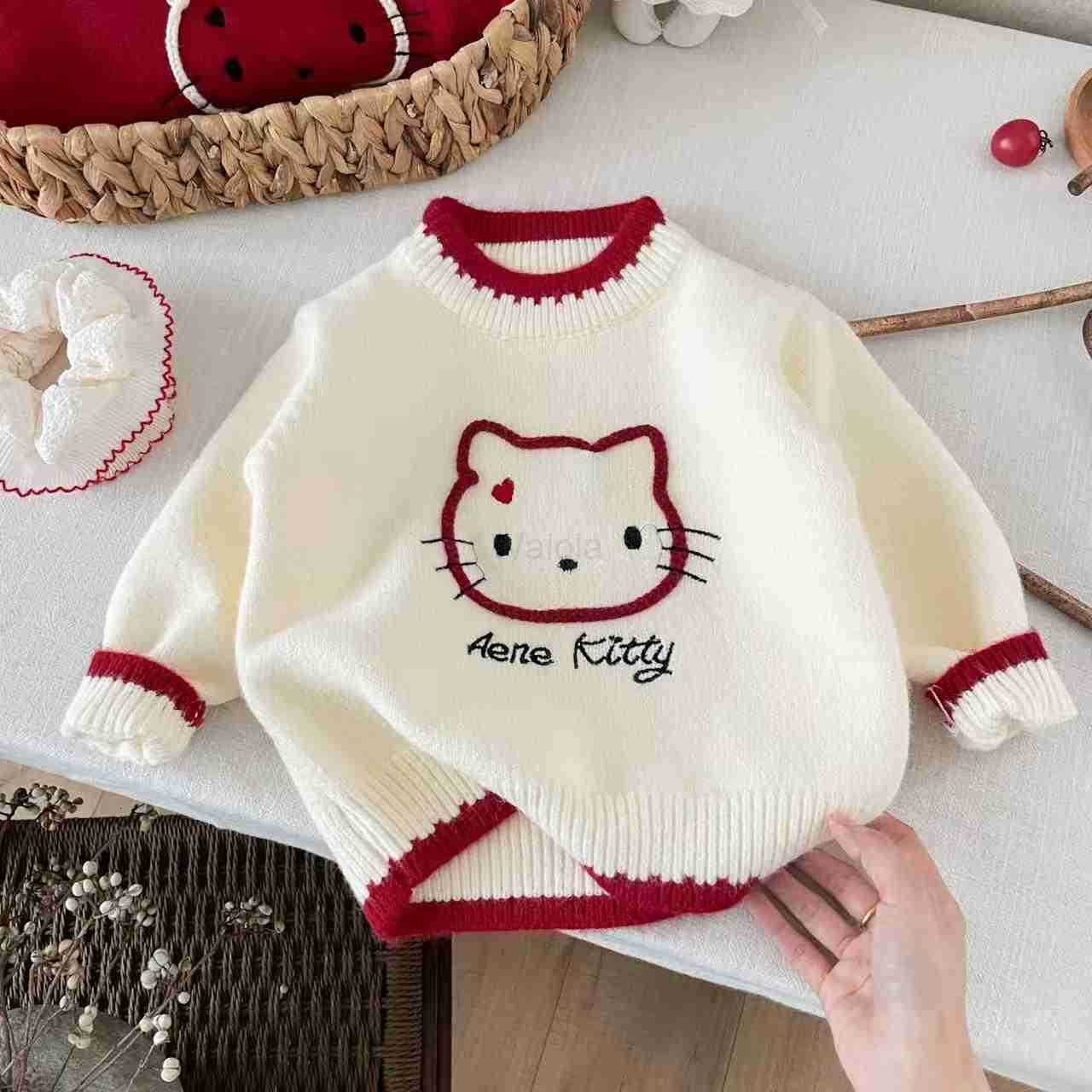 Sanrio Girls Autumn Winter Knitted Sweater 2025 New Style for Young Girls Childrens Round Neck KT Cat Knitted Pullover H251105