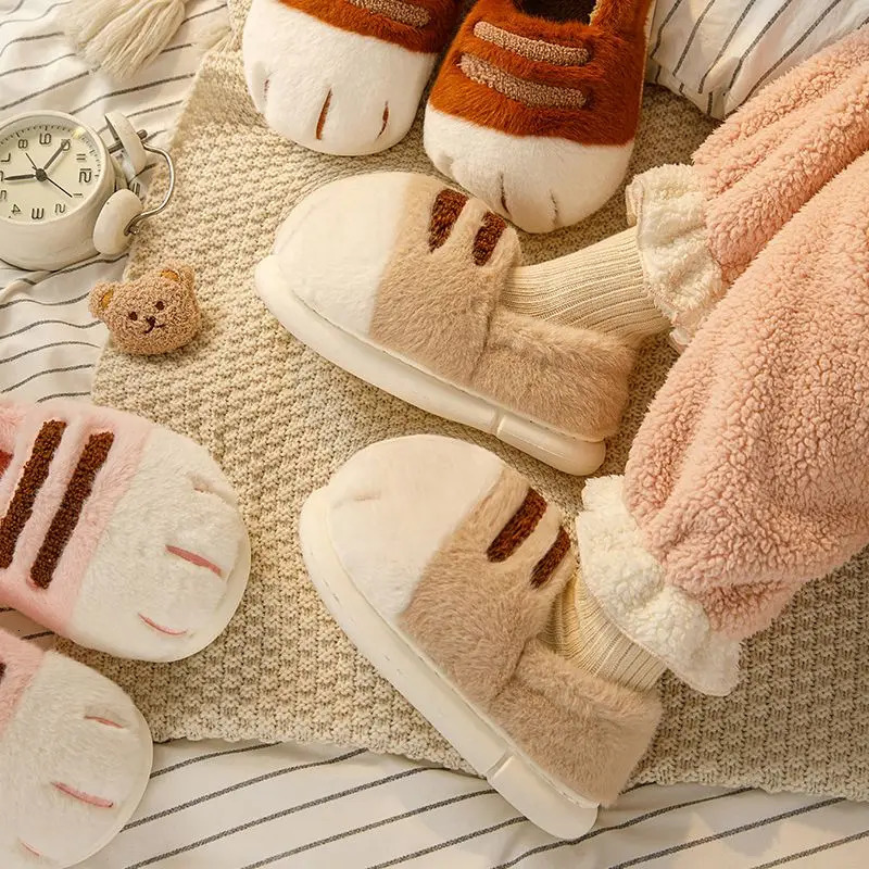 Cuddly cat paw slippers womens winter fluffy indoor home shoes woman warm animal claw slippers unisex furry slides shoes loafer 250402