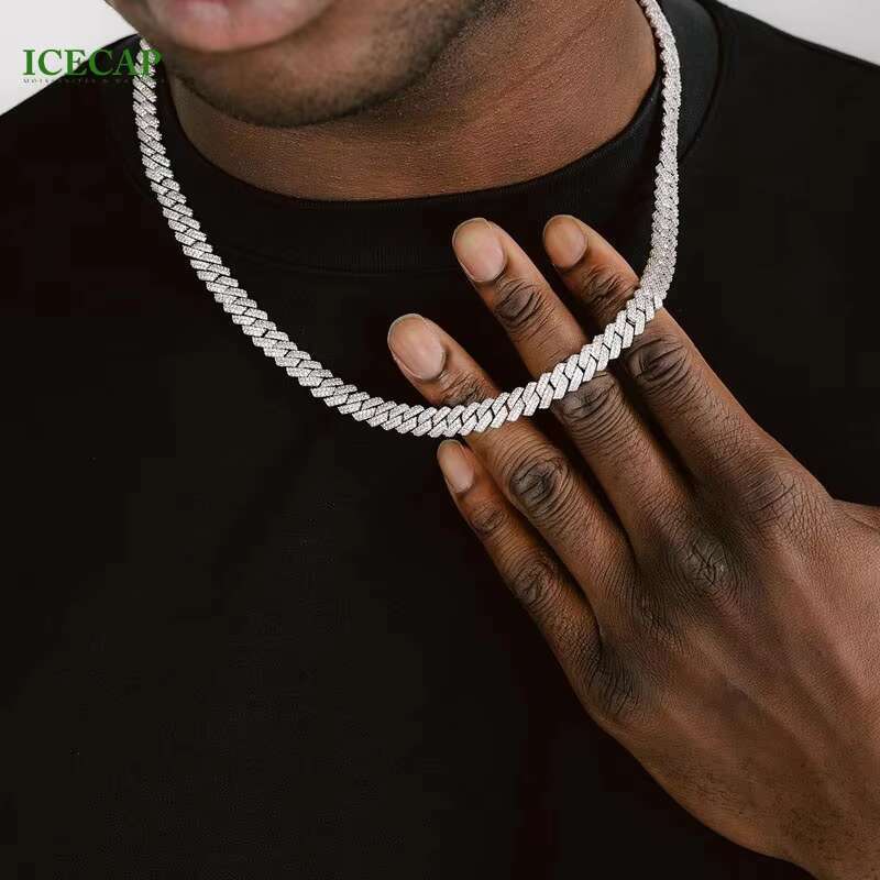 Hot Moissanite Chain Iced 15mm 12mm Pave Setting VVS Moissanite Cuban Link Chain Men Women Hiphop Necklace
