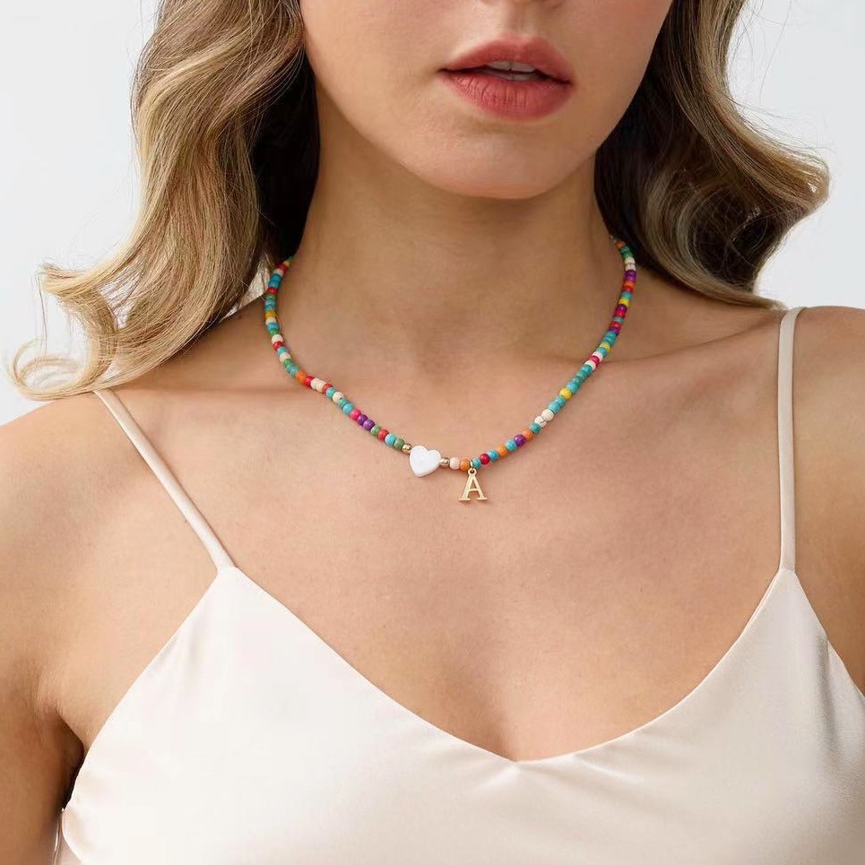 designer necklace for jewelry woman necklace designer for women Colorful Turquoise Rice Bead String Heart Necklace Stainless Steel Letter Pendant Neck