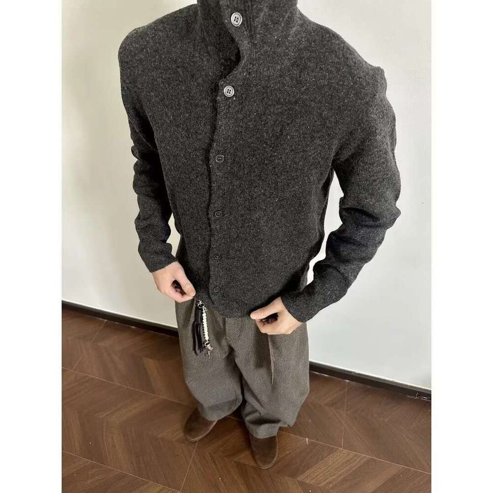 Cross-Border INS Trend Autumn New Fashion Ribbed High Neck Button Cardigan Knitted Men's Sweater Inner Jacket B5