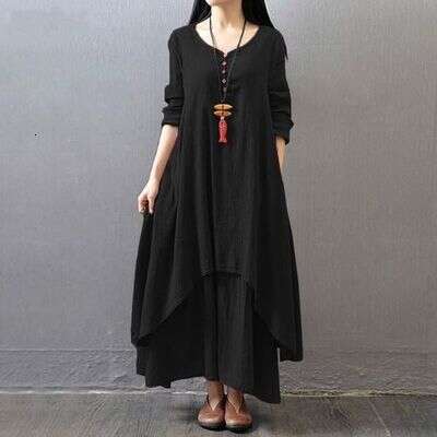 Spring And Autumn New Fake Two-Piece Artistic Flared Loose Long Sleeve Cotton Linen Dress B5