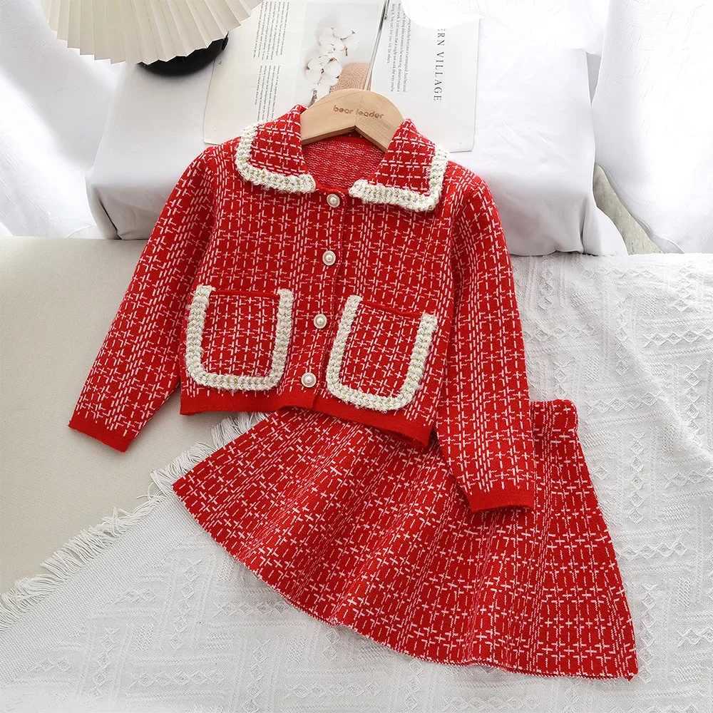 Autumn Winter Fashion Plaid Printed Childrens Set Long Sleeved Pocket Cardigan JacketShort Skirt Sweet Princess Girls Clothes Y251105