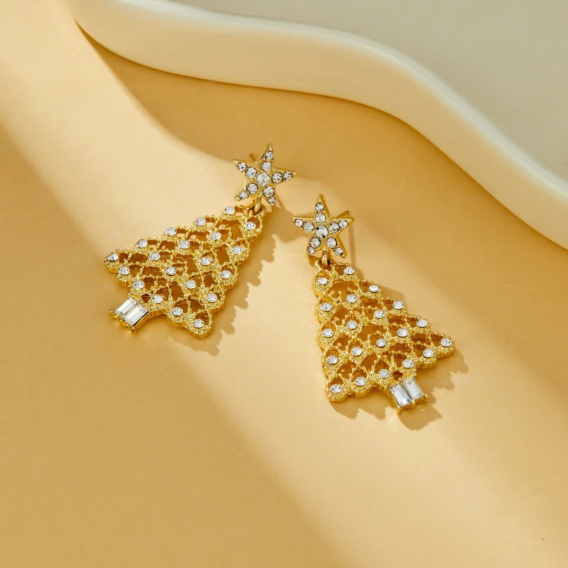 Fashion Sweet Temperament Gold Color Christmas Tree Pendant Earrings for Women Christmas Light Shiny Party Jewelry 251131