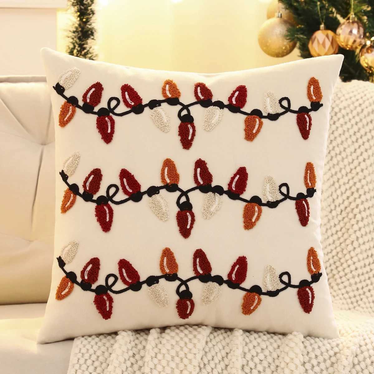 1 PC Christmas Flowers Throw Pillow Cover Velvet Embroidery Bell Christmas Decoration Living Room Y251105