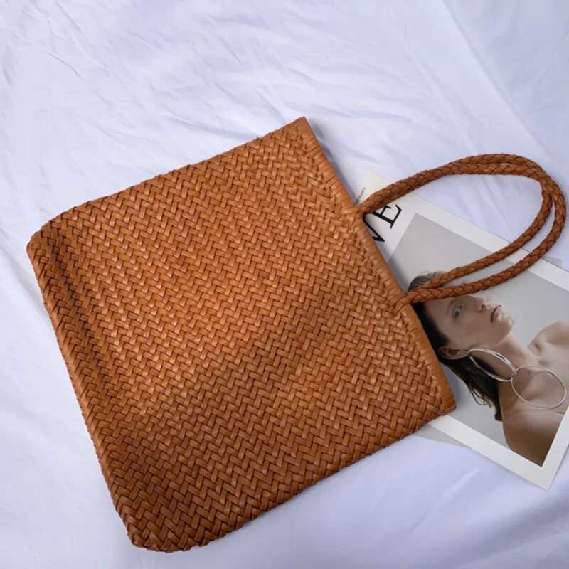 Japanese top layer cowhide hand retro leather woven bucket Single shoulder vegetable basket bag female
