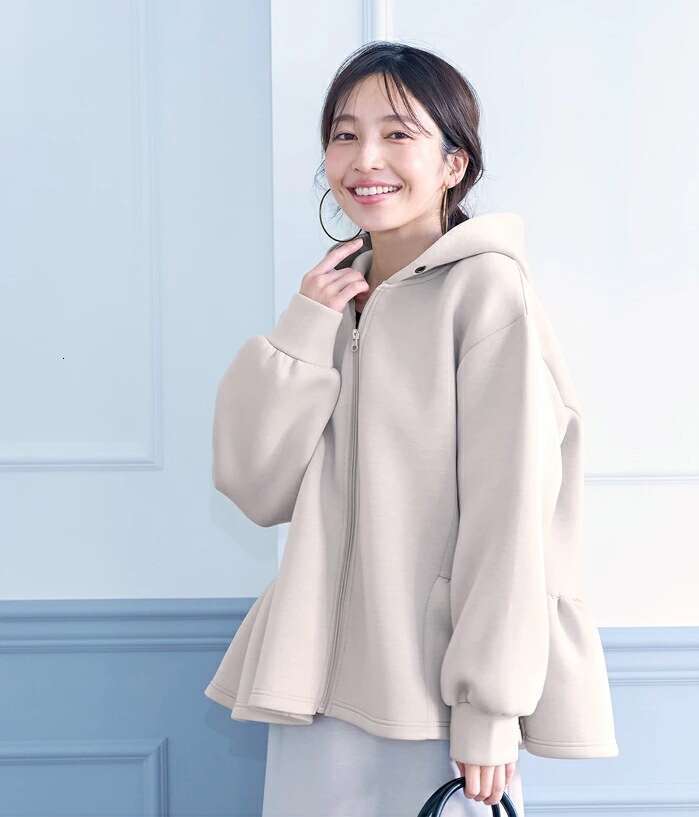 Cross-Border Foreign Trade Japanese Style Loose Age-Reducing Ruffled Hooded Sweatshirt For Women Spring And Autumn Zipper Jacket Top B5