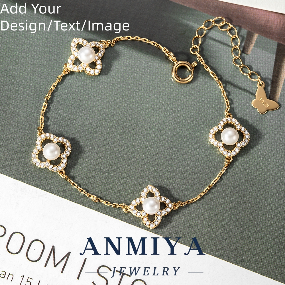 Custom Gift Box Included Luxury Silver Jewelry Trio - Pear-Inlaid Clover Bracelet with Floral Cutouts Accents for Wedding