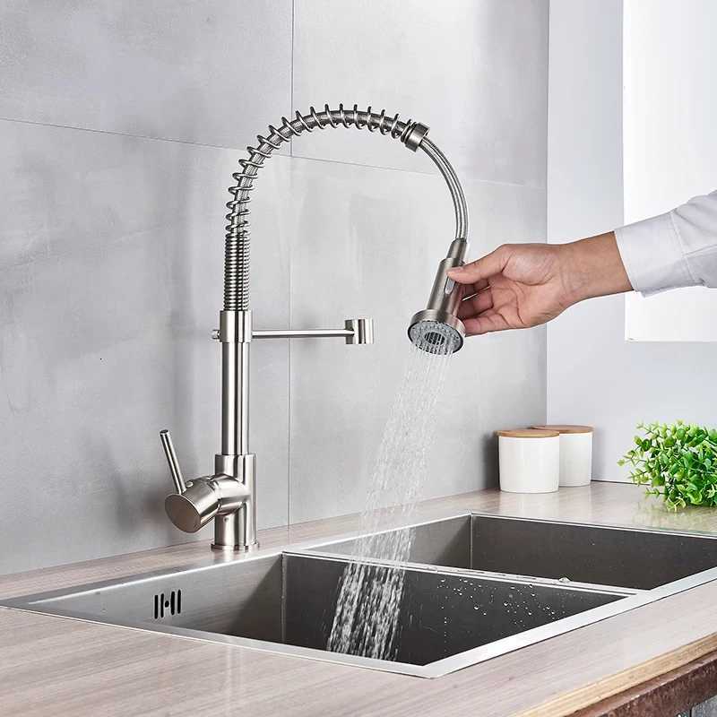 Spring Bed Nickel Kitchen Faucet Deck Mounted Mixer Tap 360 Degree Rotation Stream Sprayer Nozzle Kitchen Sink Hot Cold Taps Y251104