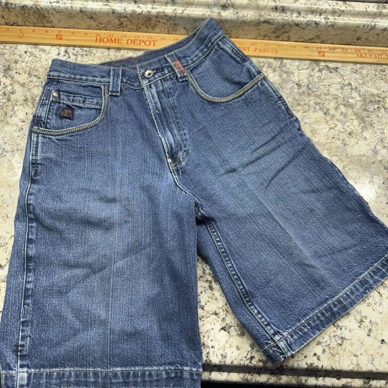 Y2K retro streetwear dragon pattern patch work denim shorts mens hip-hop blue loose Jorts fitness casual shorts 250403