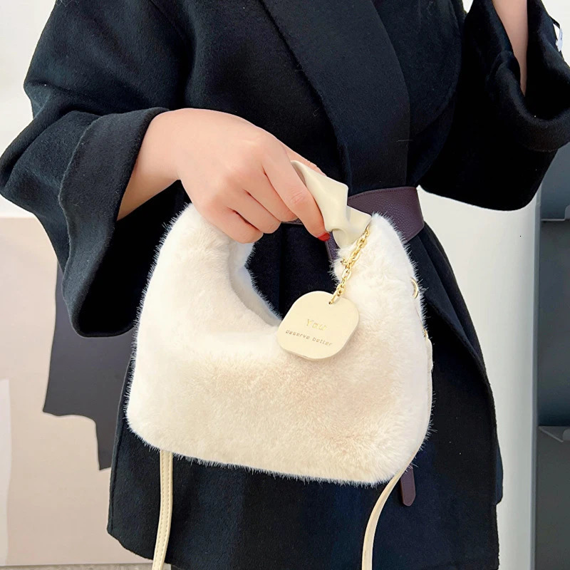 Womens artificial fur plush handbag Ruched handle small womens shoulder cross body bag casual half moon homeless winter 250401
