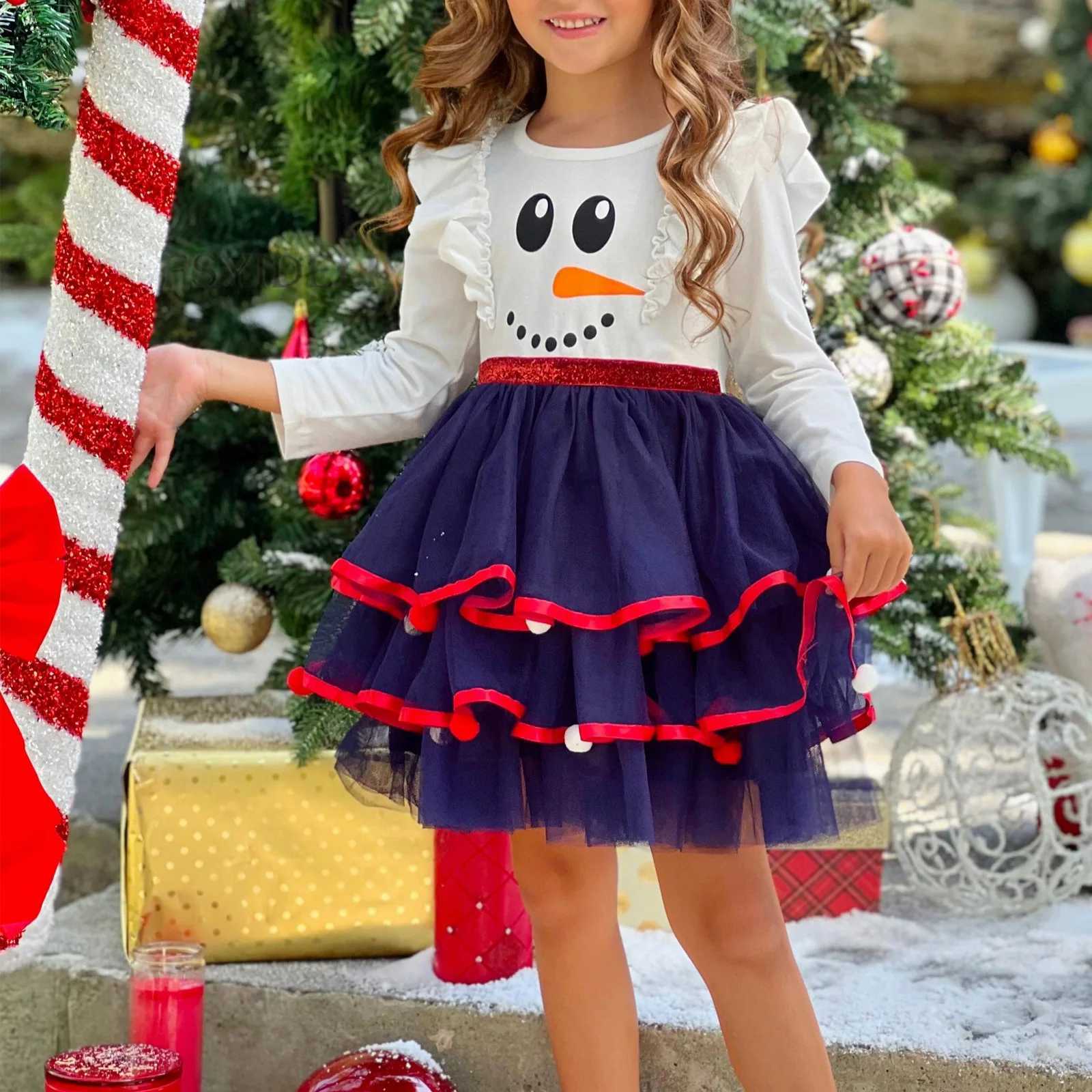 New Christmas Kids Dress Full Sleeve Cartoon Cute Ruffles Sequin Dresses Xmas Tree Printed Gift For Girls Princess Party Clothes C251105