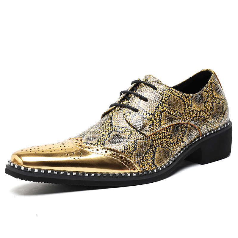 Large size wealthy gold snake patterned lace up pointed leather shoes 2024 Spring and Autumn Business Block Fashion Leather