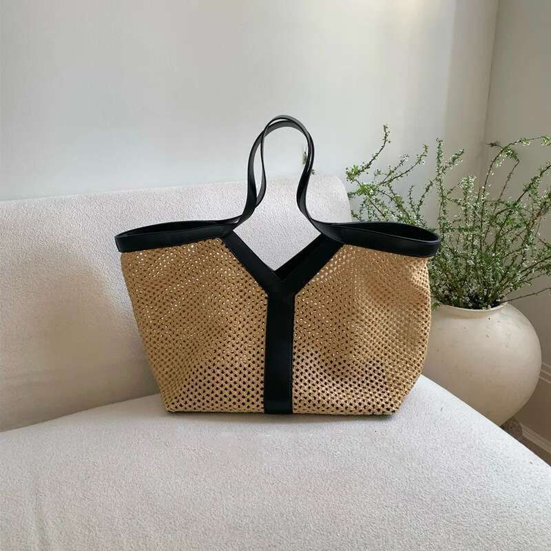 Brand Designer New Y-Shaped Straw Tote Large Capacity Shopping Beach Shoulder Underarm Woven Women's Bag