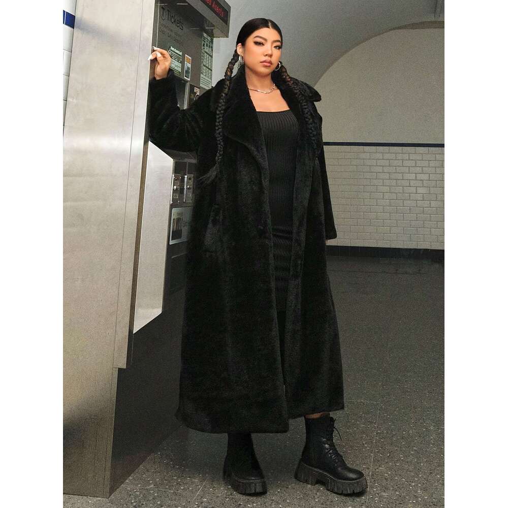 Solid Color Faux Fur Coat, Elegant Lapel Collar Long Sleeve Longline Coat For Fall & Winter, Women's Plus Size Clothing