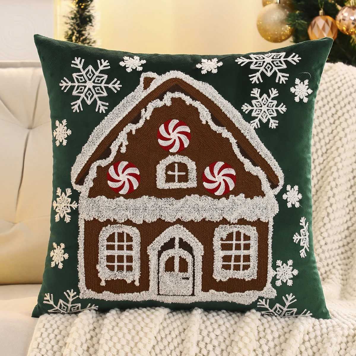 1 PC Christmas House Throw Pillow Cover Velvet Embroidery Snowflake Christmas Decoration Living Room Y251105
